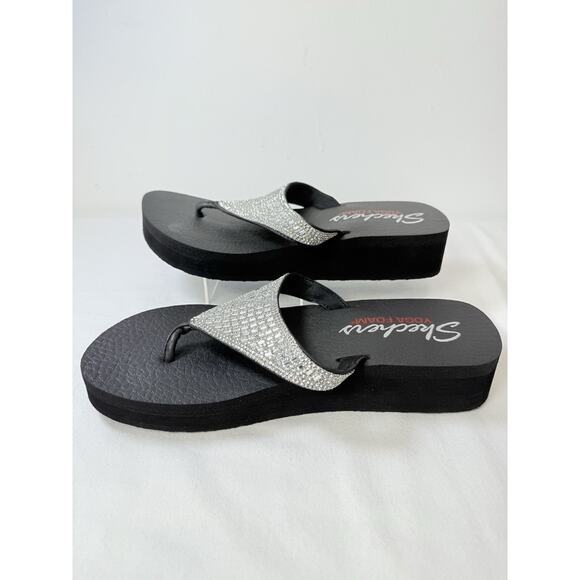 SKECHERS Yoga Foam Black & Silver Jeweled Rhinestone Flip Flop Sandals Size 10 - Picture 5 of 8